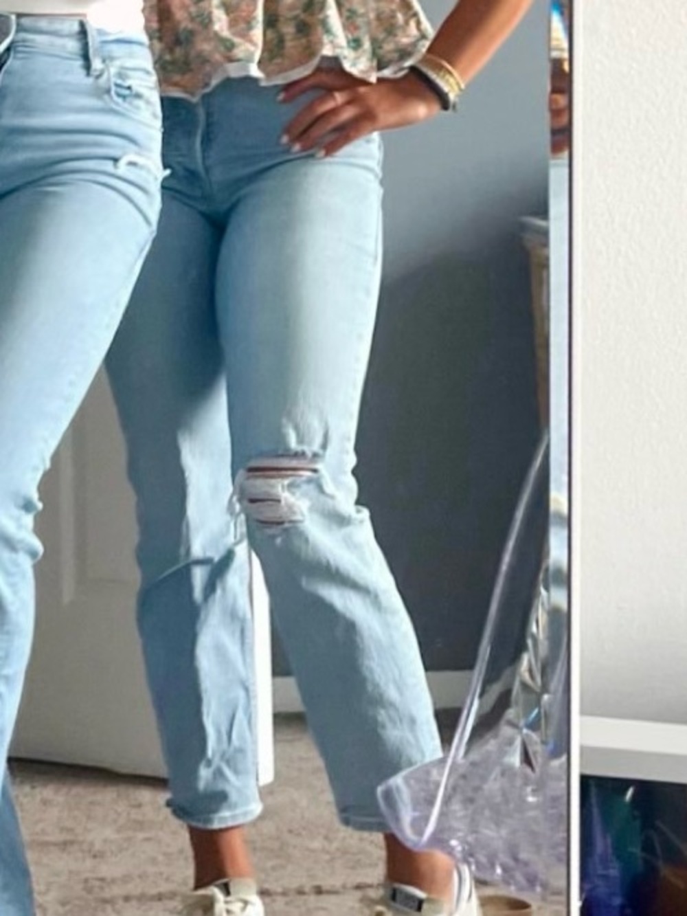 GAP Light Blue High-Rise Flare Jeans with Knee Rip